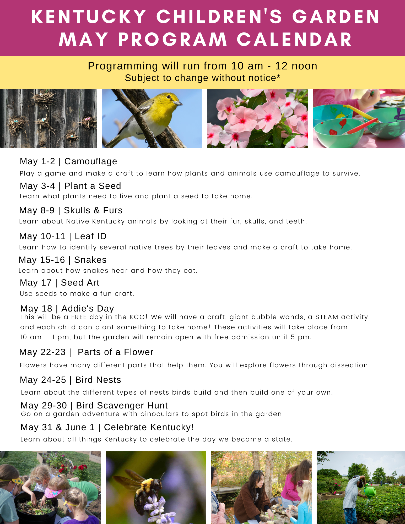 Program Calendar for the KY Children's Garden month of May