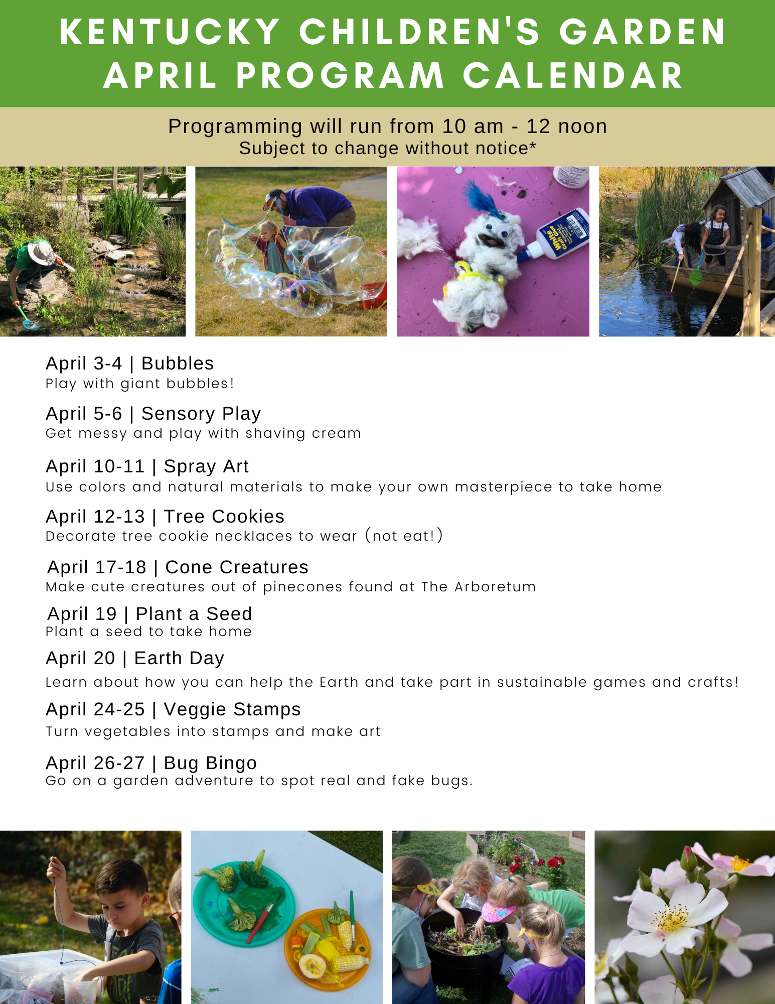April Program Calendar for the Kentucky Children's Garden
