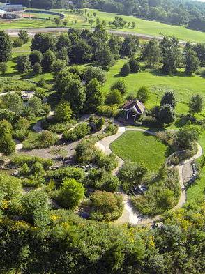 An overhead view of the Kentucky Children's Garden at the UK Arboretum in the summer