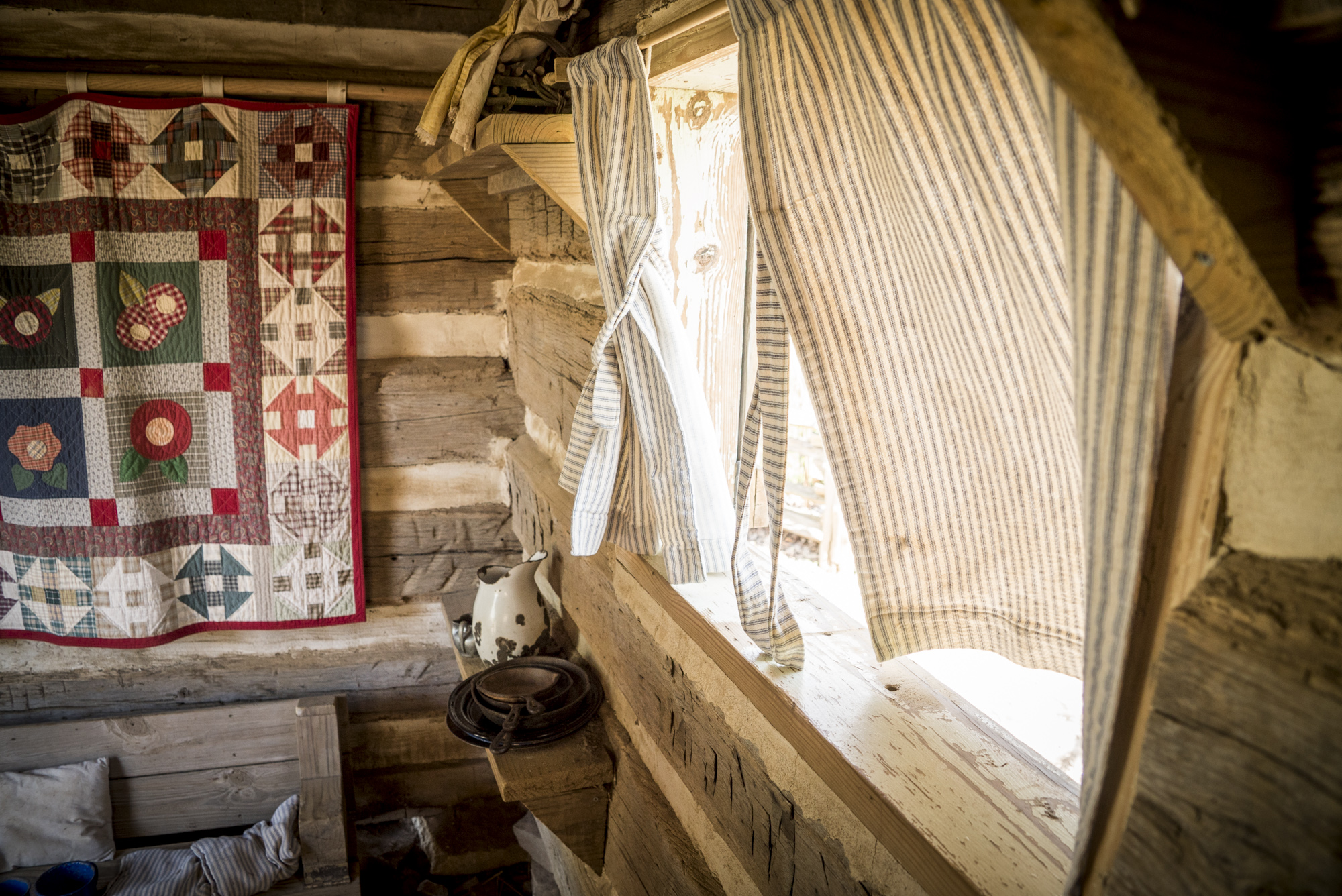 A view of inside a log cabin