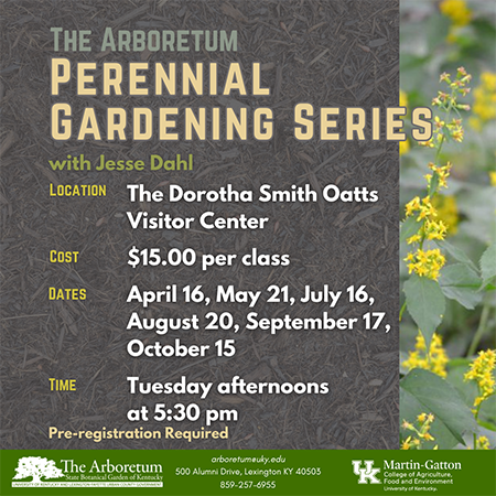 The Arboretum Perennial Gardening Series flyer: Location: Visitor Center; Cost: $15; Dates: April 16, May 21, July 16, Aug. 20, Sept. 17, Oct. 15; Time: Tuesdays at 5:30 p.m.