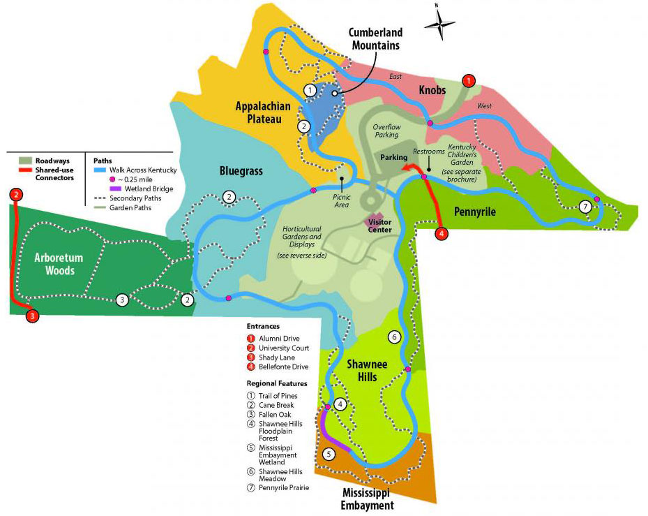 A map of The Arboretum featuring paths, entrances, and regional features