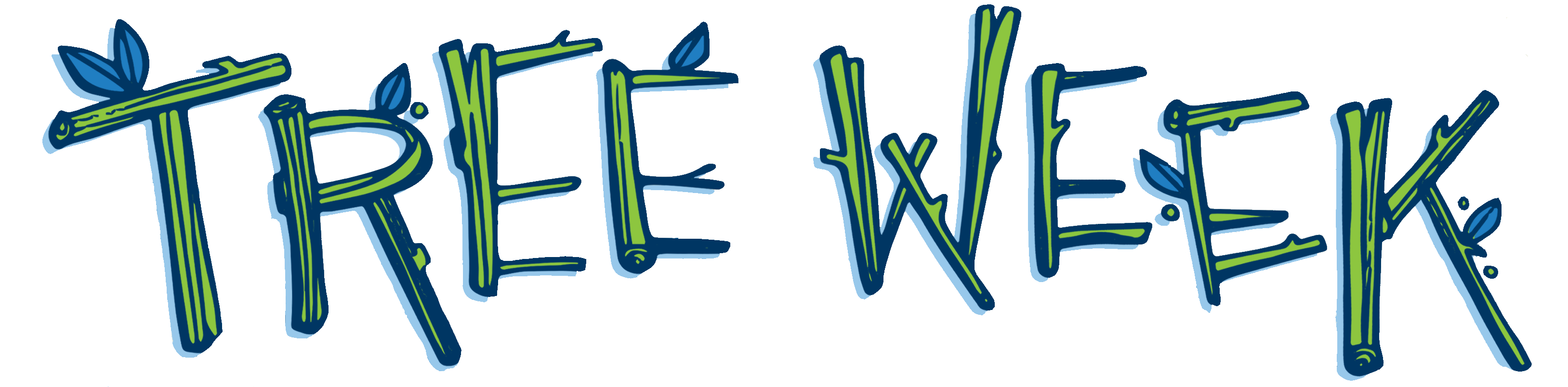 Tree Week green and blue graphic text logo with leaves
