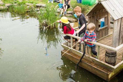 Kids play by the water at the Kentucky Children's Garden